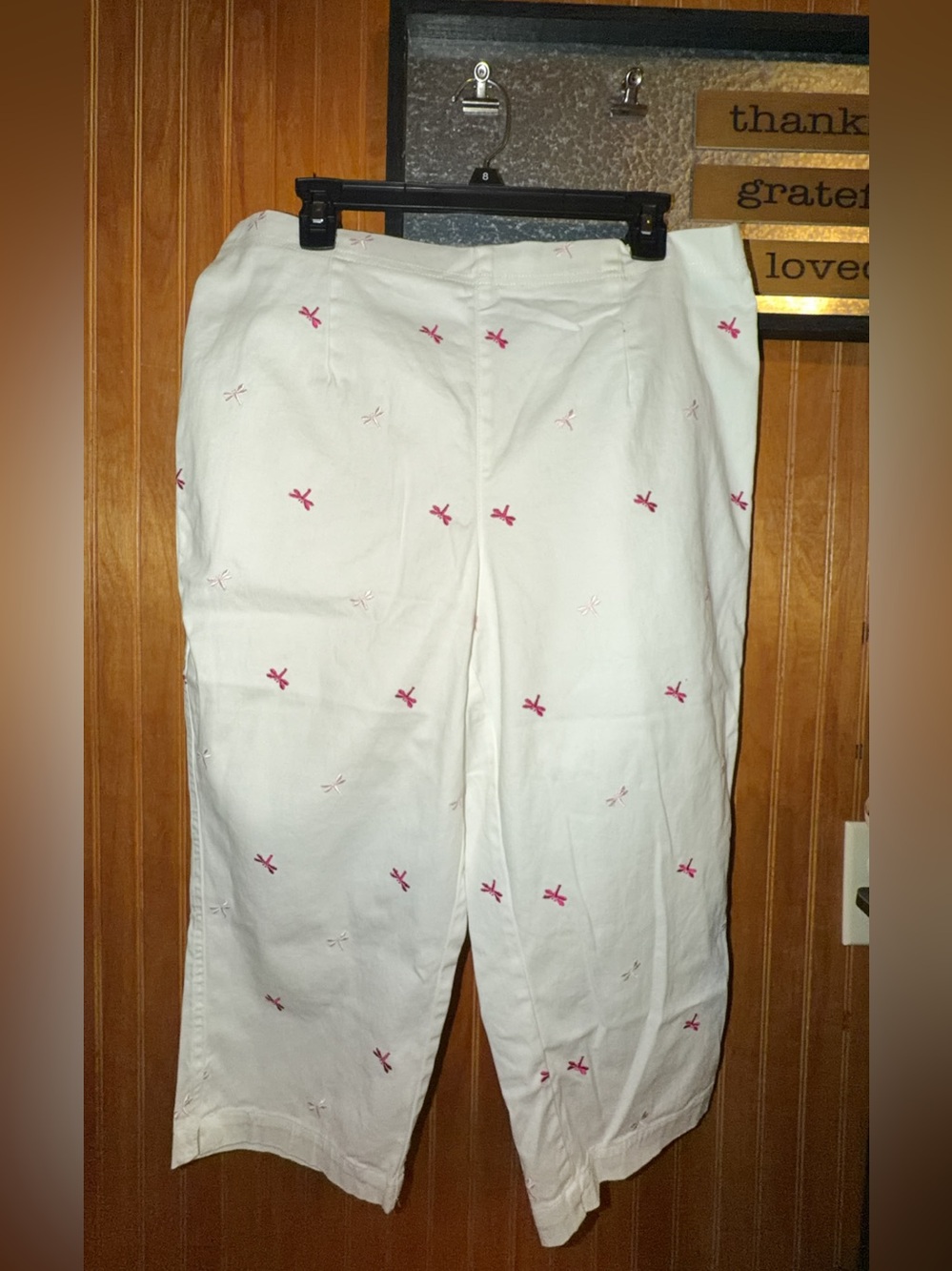 White Embroidered Dragonfly Women's Capris